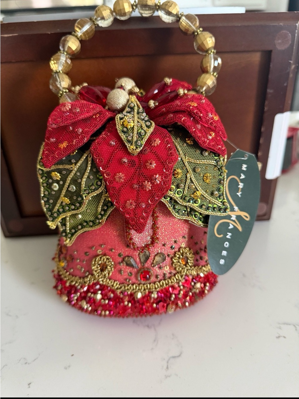 Mary Frances Red and Green Beaded Poinsettia Mini Bag